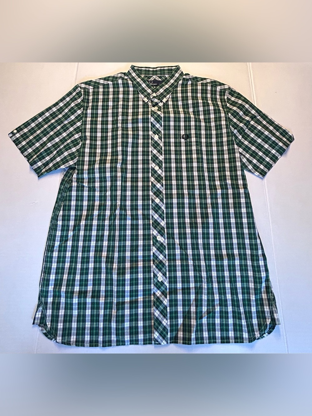 Fred Perry men's short-sleeve button-up Shirt Green Plaid Size XL